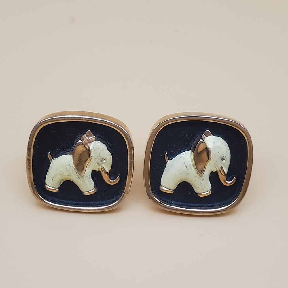 Vtg Hickok White Enamel On Black Elephant Cuff Links Political Party Goldtone